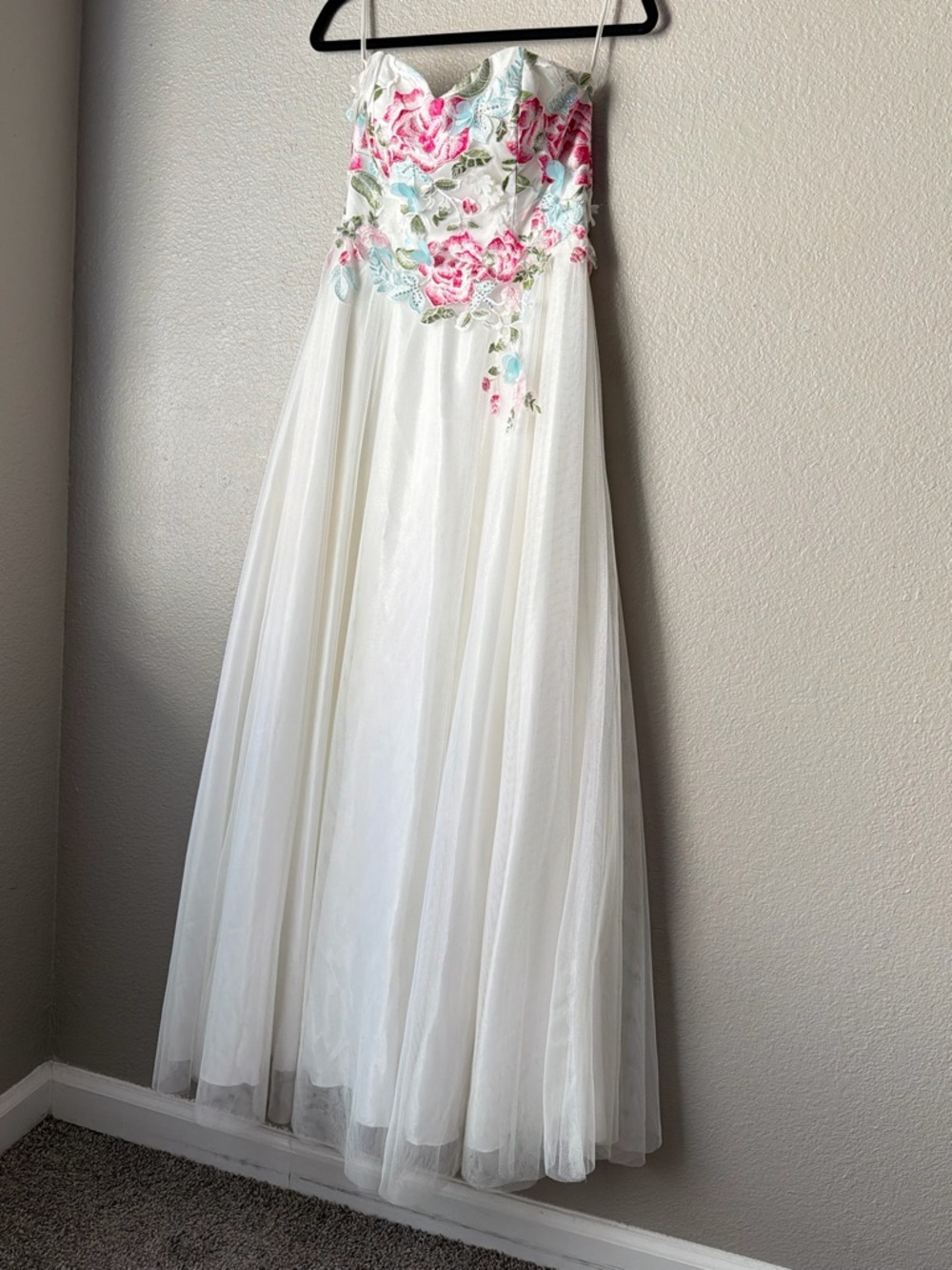 White Tulle Gown with Pink Floral Embroidered Bodice